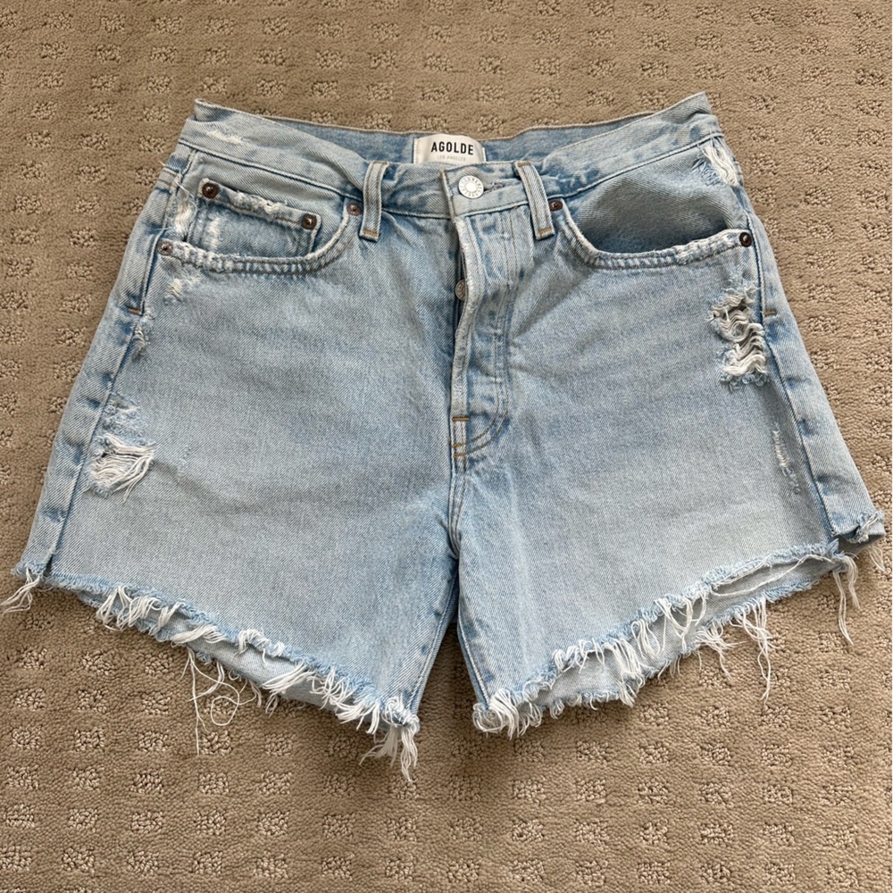 Agolde Parker Long short in distressed light blue denim - size 25